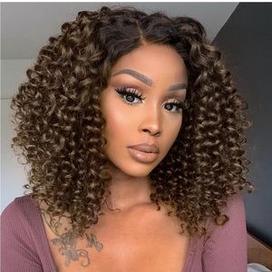 Quantum Black Women👩🏽Side Part Kinky Curly Bob Synthetic Ombre Blonde Wig